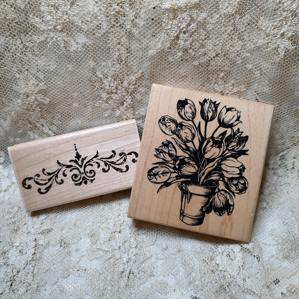 Floral and Scroll Design Wooden Rubber Stamps Set of 2